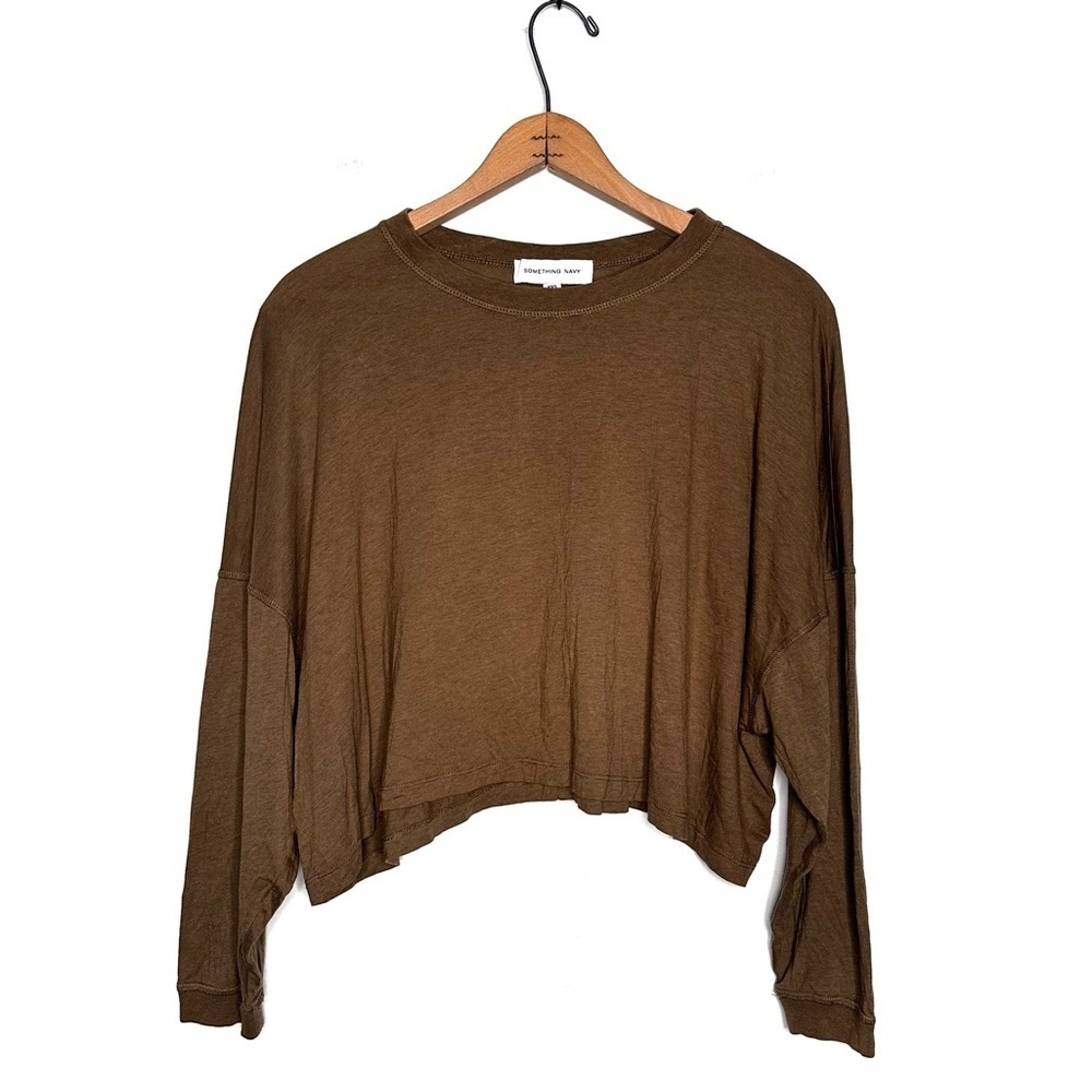 Something Navy | Olive Green Oversized Long Sleeve Crop Tee Size XXS